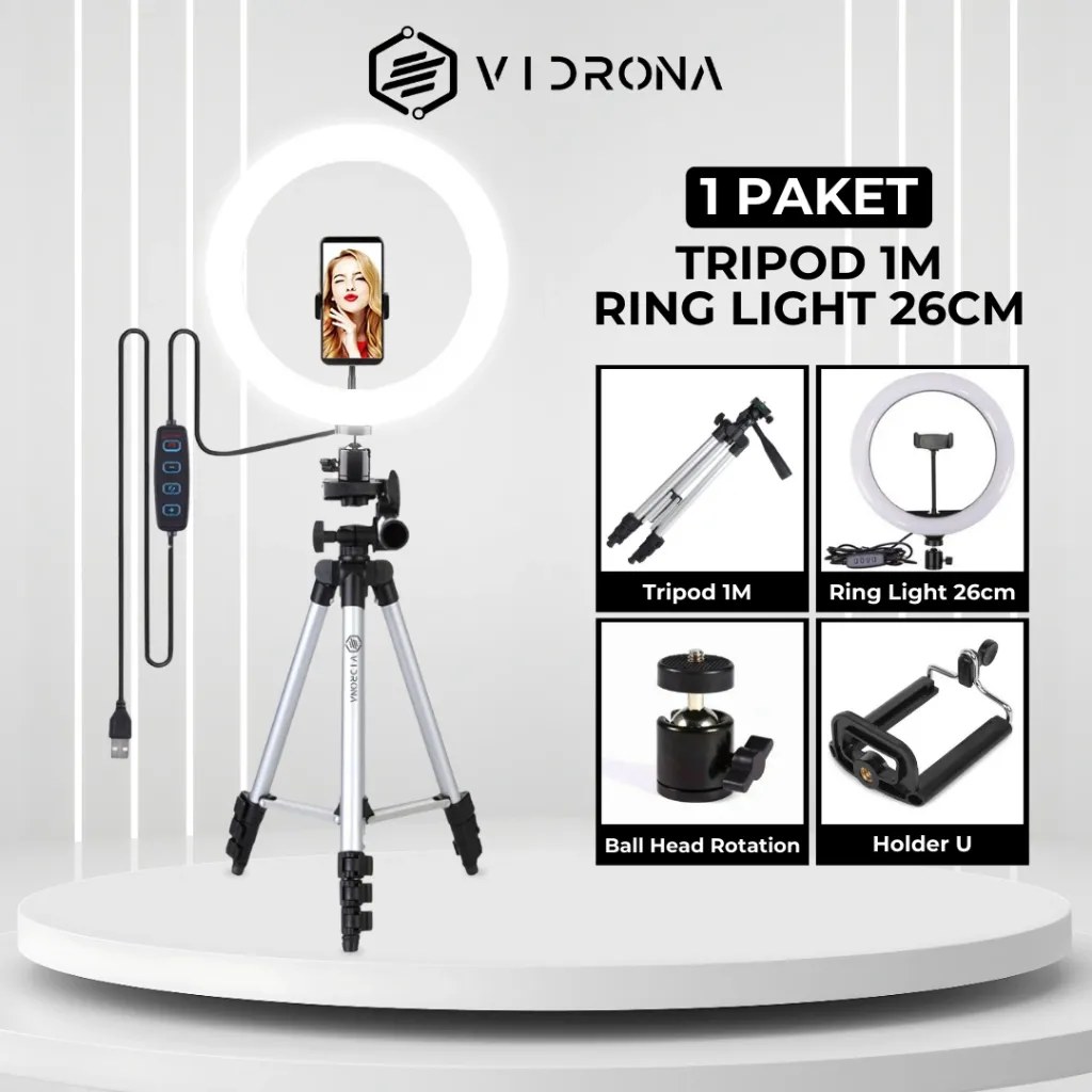 Tripod Ring Light LED 26CM - Stand HP 1 Meter Fleksibel Lampu untuk Live & Makeup