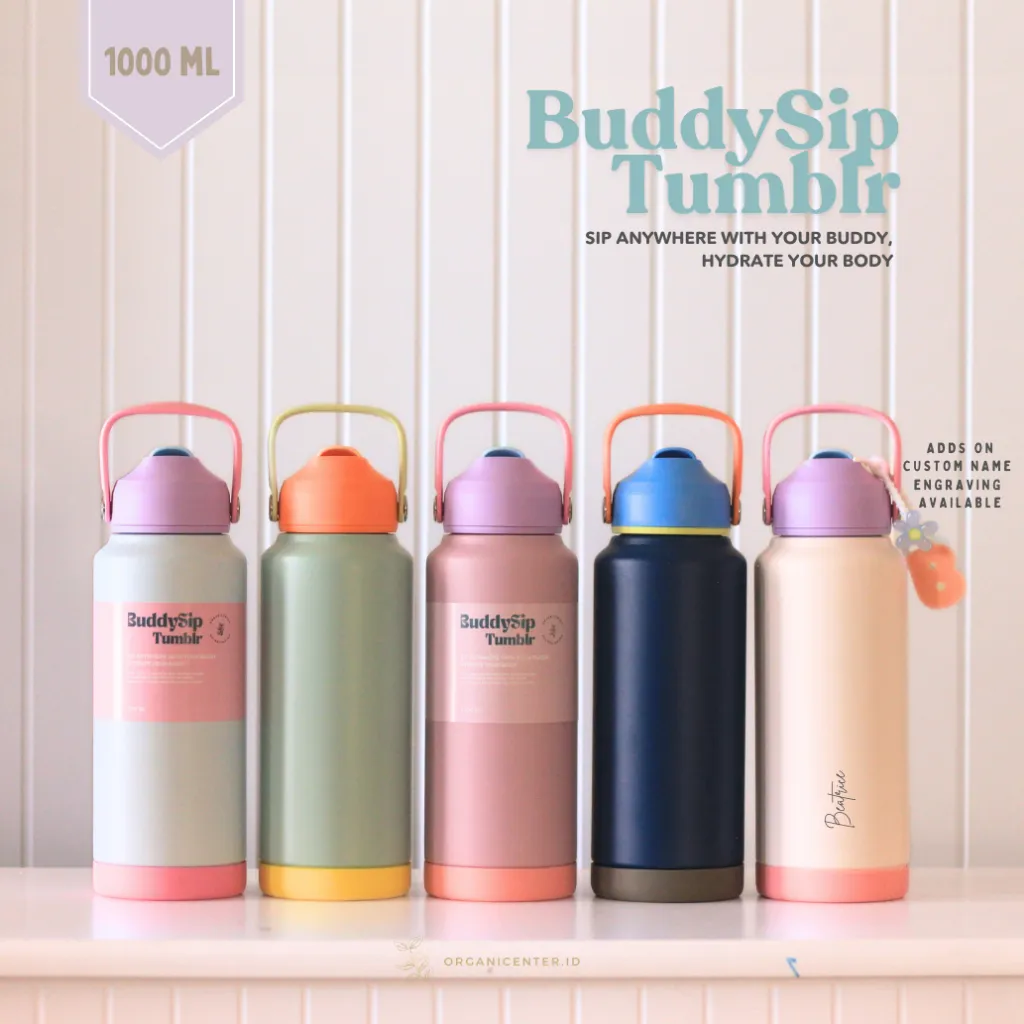 BuddySip Tumbler 1000 ml Organicenter Botol Air Minum Custom Grafir Nama Vacuum Insulated 18/8 Pro-Grade Stainless Steel Double Walled Insulation Termos Anak Tahan Panas Dingin 1 Liter Engraved BPA Free Handle Water Bottle Thermos