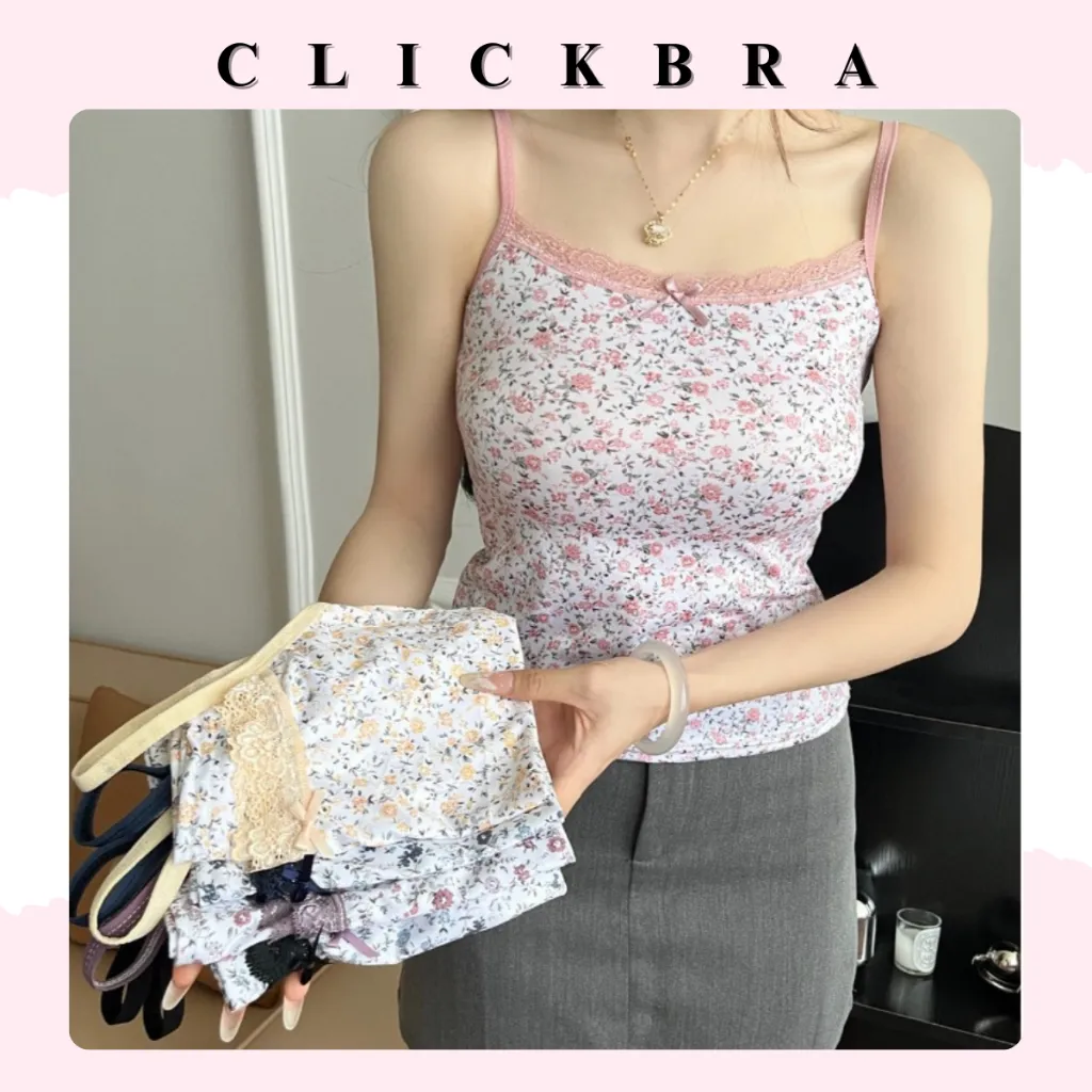 CLICKBRA | BR1734 Baju Tanktop Fashion Wanita Corak Bunga Elastis Atasan Sexy Square Knit Korea