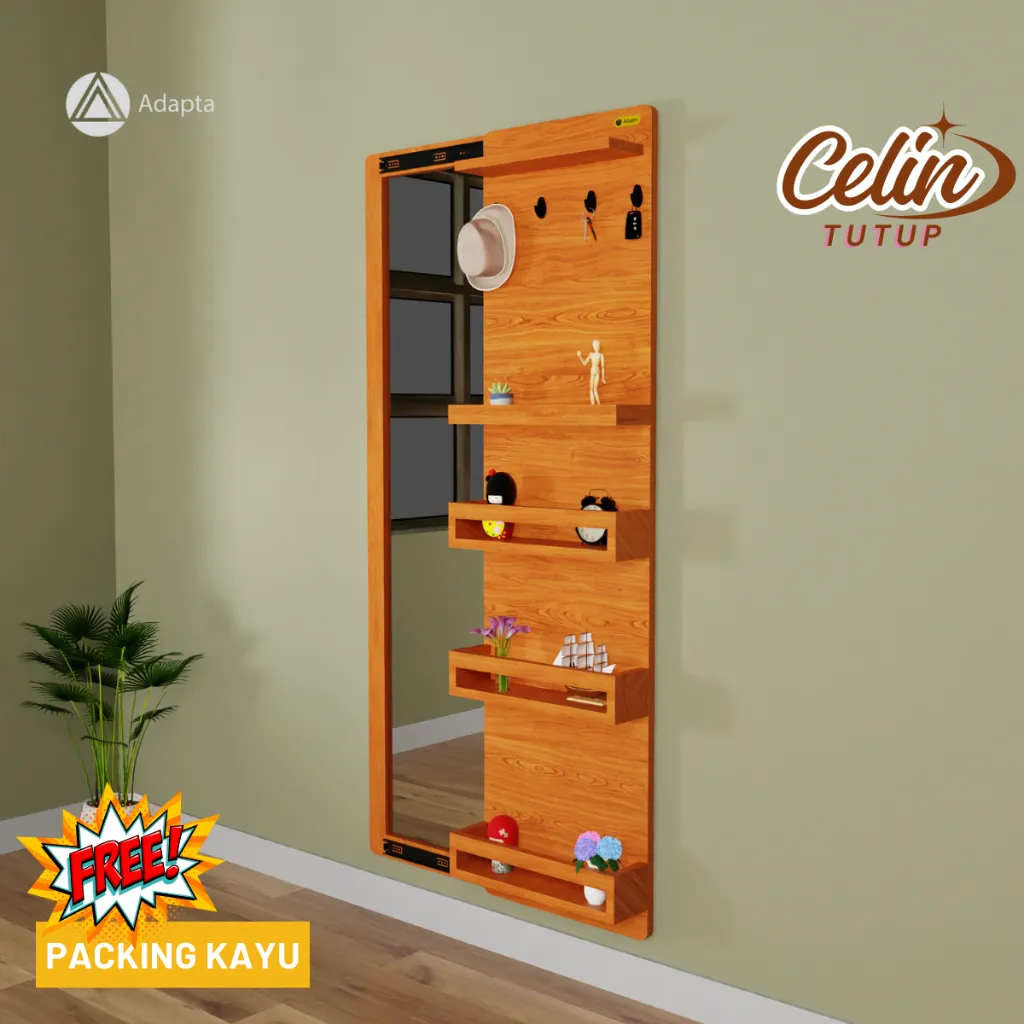 Adapta - Standing Mirror Tempel Dinding Warna Coklat Kayu – Cermin & Rak Hias Tertutup - CELIN - A87