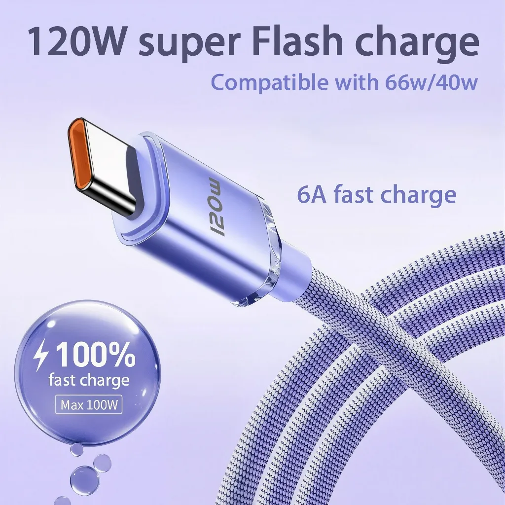 Kabel Data 120W Tipe-C Kabel Pengisian Super Cepat Kabel Pengisian Flash 6A Kabel pengisian daya yang cocok untuk Android