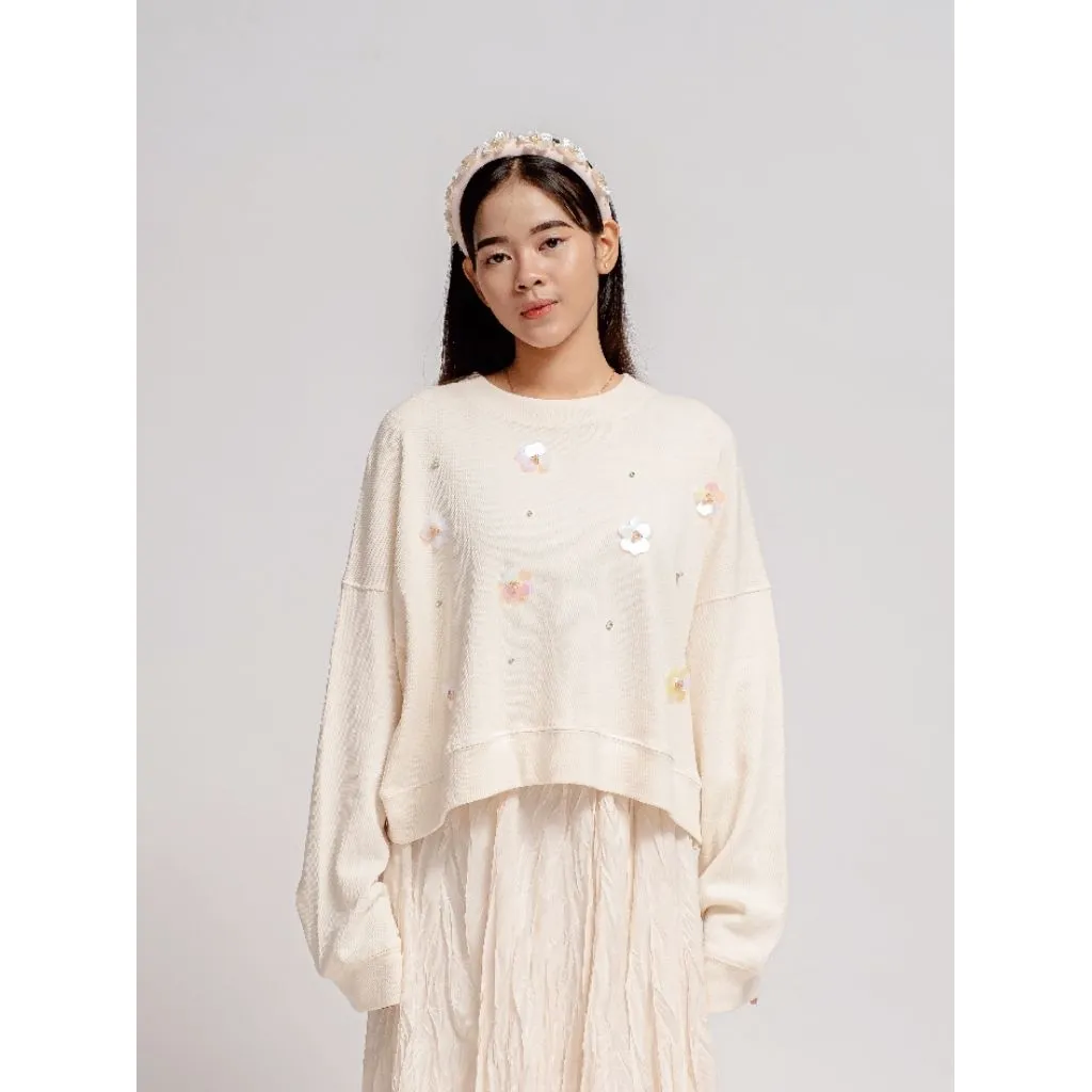 ADORE Sweater Wanita Detail Bunga Elegan - Atasan Casual Korean Look - Adore Moon Lily - Pearl