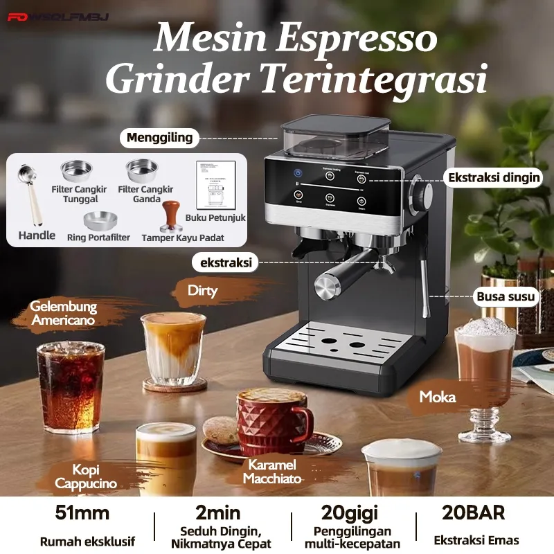 Espresso Machine 20 Level Grinder 20 Bar Kopi Panas & Dingin Dual Fungsi Milk Frother 51mm Portafilter - Bisa COD/Mesin Kopi Espresso Rumahan