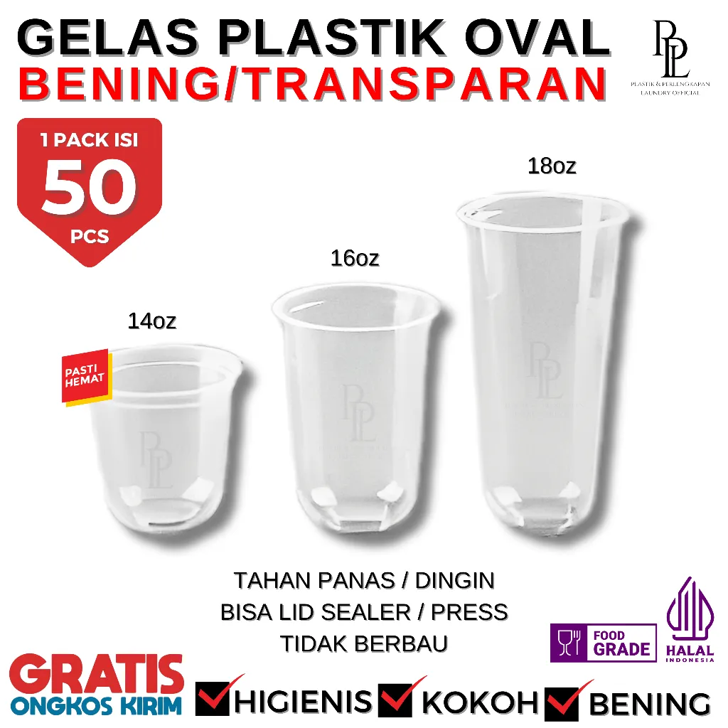 [50 PCS] 1 PACK Gelas Plastik OVAL 12 oz 14oz 16oz 18oz | Gelas Plastik Bening ES | CUP 14oz 16oz 18oz | PLASTIC CUP COFFE BUBBLE TEA BOBA SMOOTHIE Uk. 400ml 450ml 530ml