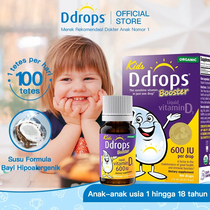 Ddrops Booster Vitamin D3 600IU untuk Anak | Imun Kuat, Tidur Nyenyak, Tulang Sehat -100 Tetes/2.8ml
