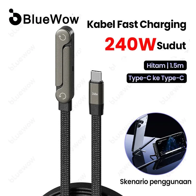 BlueWow Kabel Data 240W Tipe C dengan Dudukan Sudut 1,5m Tipe C ke Tipe C | Kabel Gaming Siku 90° | Pengisian Cepat & Dudukan Ponsel Lipat