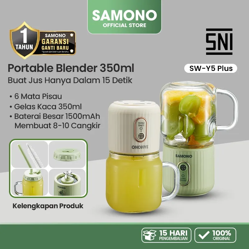 SAMONO Blender Portable Juice Gelas Kaca Tebal 350ml 6 Mata Pisau 1500mAh Blender Buah Smoothies Blender Travel Praktis Tahan 7 Hari Garansi 1 Tahun Samono Official SW-Y5 Plus