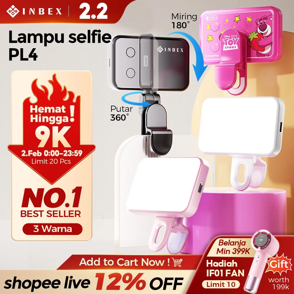 [25%OFF-Atur 360°] INBEX PL4 PRO MINI Lighting konten kecerahan 3000Lux 3 Warna + tahan 2 jam x Lotso Disney  Lampu selfie untuk Kecantikan dan Penggunaan