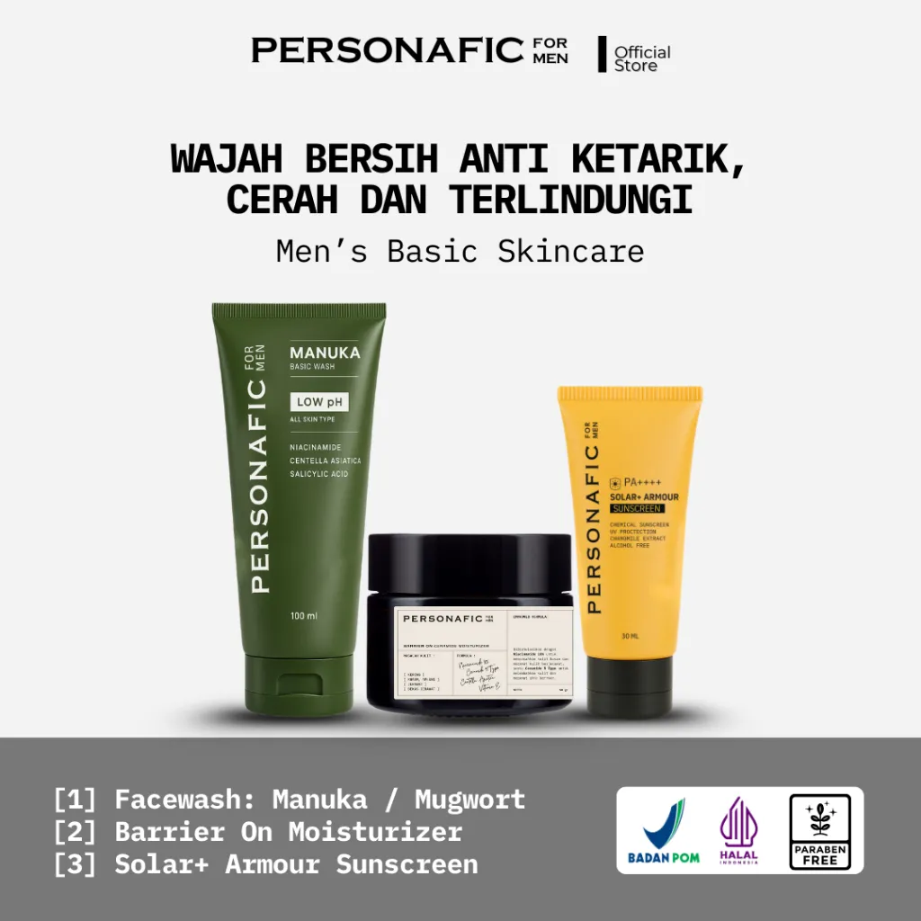 PERSONAFIC Basic Skincare Pria Lengkap 3-in-1 Face Wash Moisturizer Sunscreen Untuk Kulit Kering Kusam Jerawat Pria