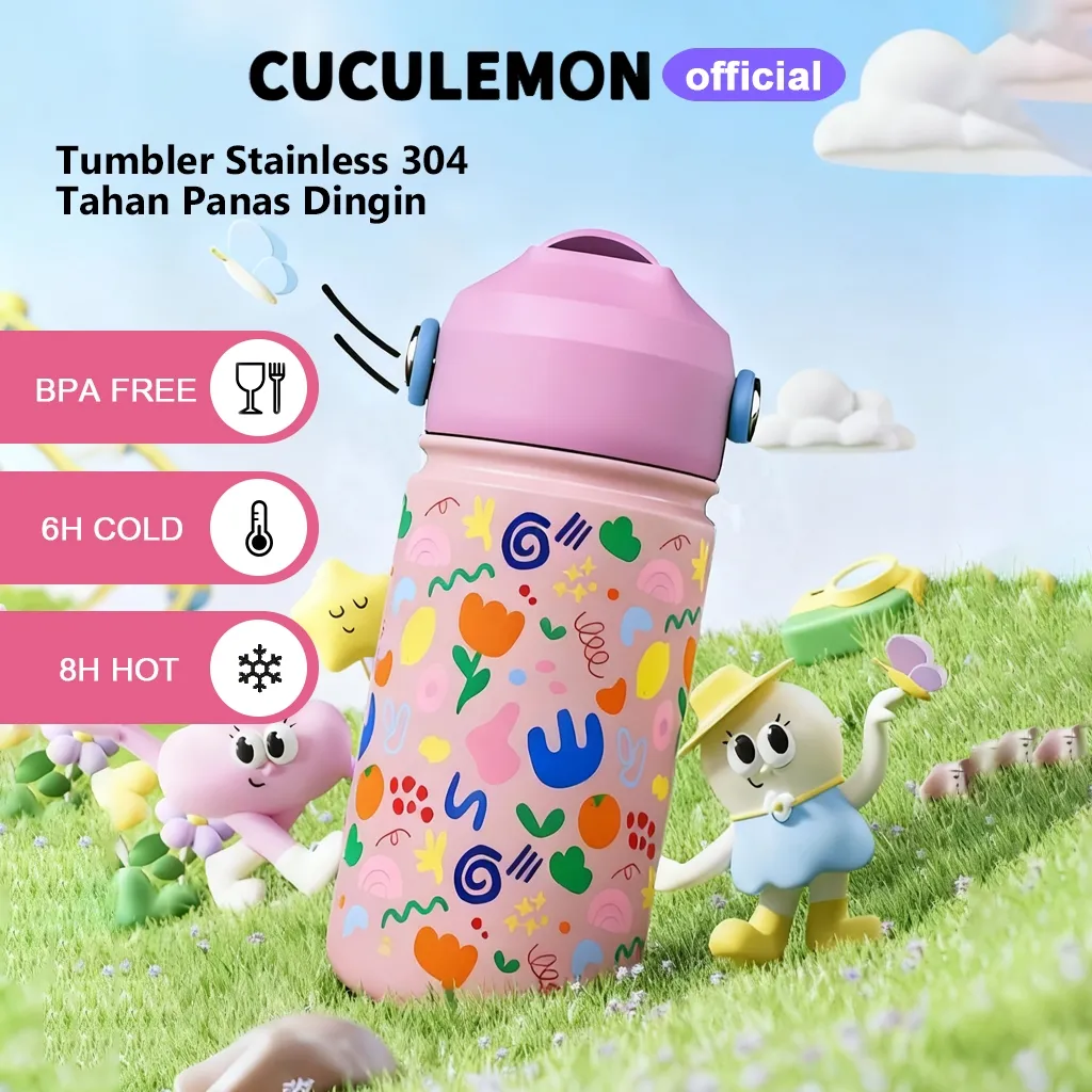 CUCULEMON Tumbler Anak Sedotan 350ml Termos Stainless Steel Botol Minum Portable Tahan Panas Dingin