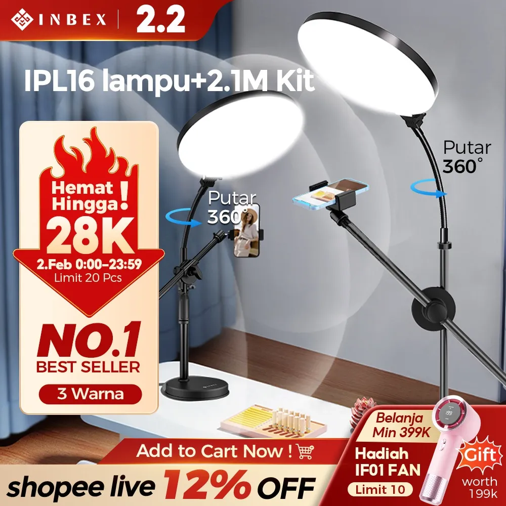 [Putar 360°]  INBEX IPL16 Light Bisa diputar 360° Tripod konten kreator ring light 12Inci 8Inci Lampu 3 Warna Bulat Panel Besar Lampu Video Livestreaming Studio
