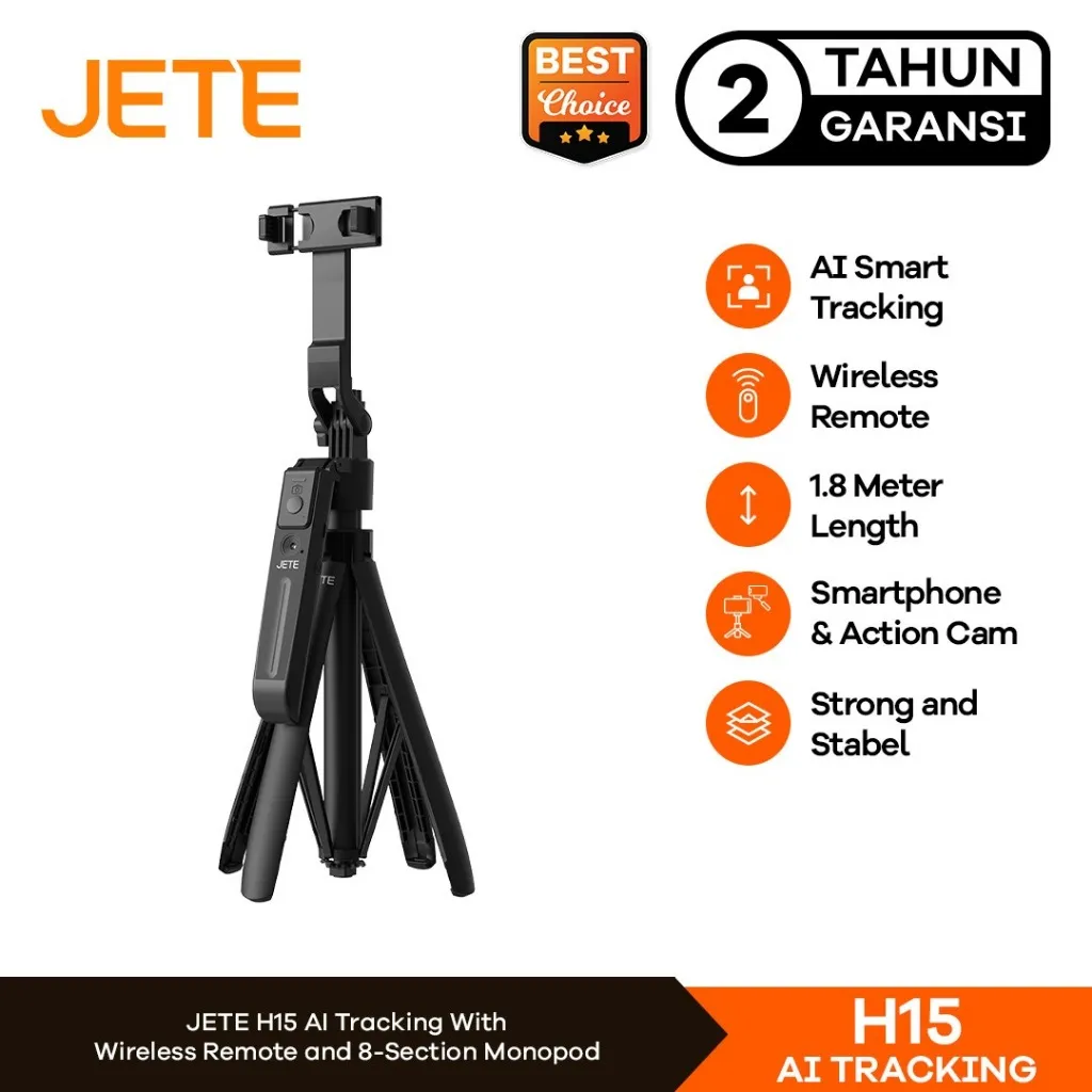 JETE Tripod Bluetooth H15 with AI Motion Sensor Portable Tongsis Selfie Stick 1.8m With Ring light Postel Wireless Remote Action Kamera HP