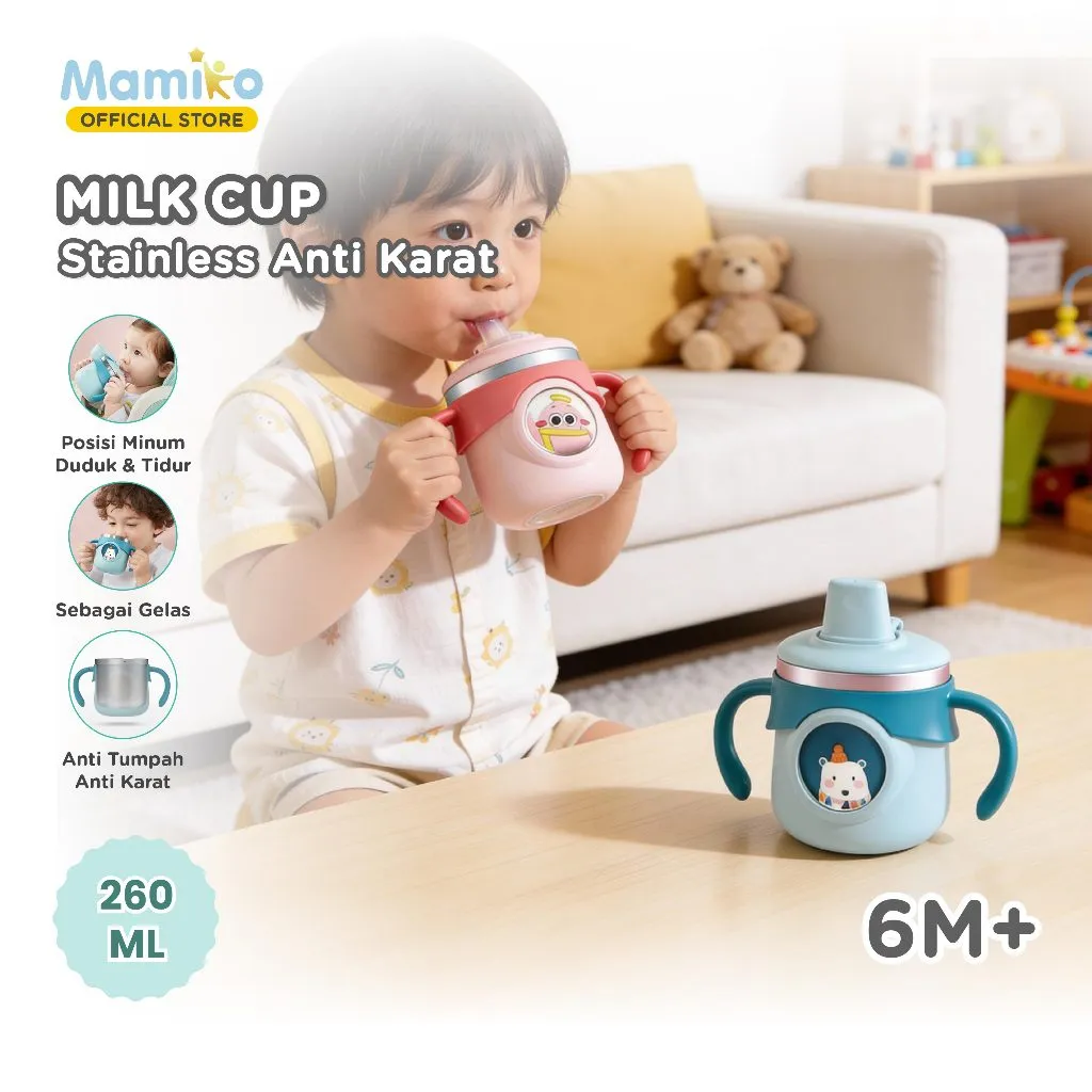 Mamiko Gelas Botol Susu Stainless Bayi Anak 260 ML | Milk Cup Stainless Steel 3in1 Anti Karat | Gelas Susu Bayi Anak Sedot Anti Tumpah | Sippy Cup Stainless 316 | Training Cup Baby Safe Stainless Steel | Termos Susu Tahan Panas 8 Jam