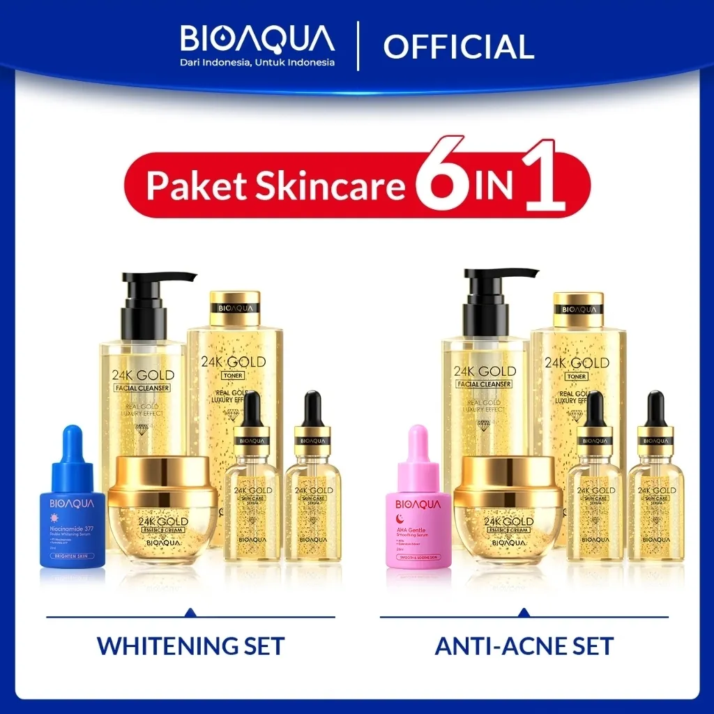 BIOAQUA Skincare 1 Set Lengkap 6pcs With Brightening Serum Wajah / Acne Essence / Day & Night Pelembab Wajah Cream Krim / Hydrating Toner Wajah / Facial Wash Sabun Cuci Muka Skincare Paket