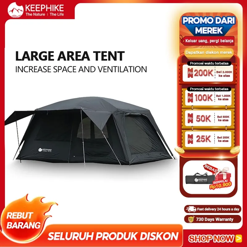 KEEPHIKE Tenda Otomatis ekstra besar || Tenda outdoor tiang aluminium, otomatis 2 pintu 4 jendela