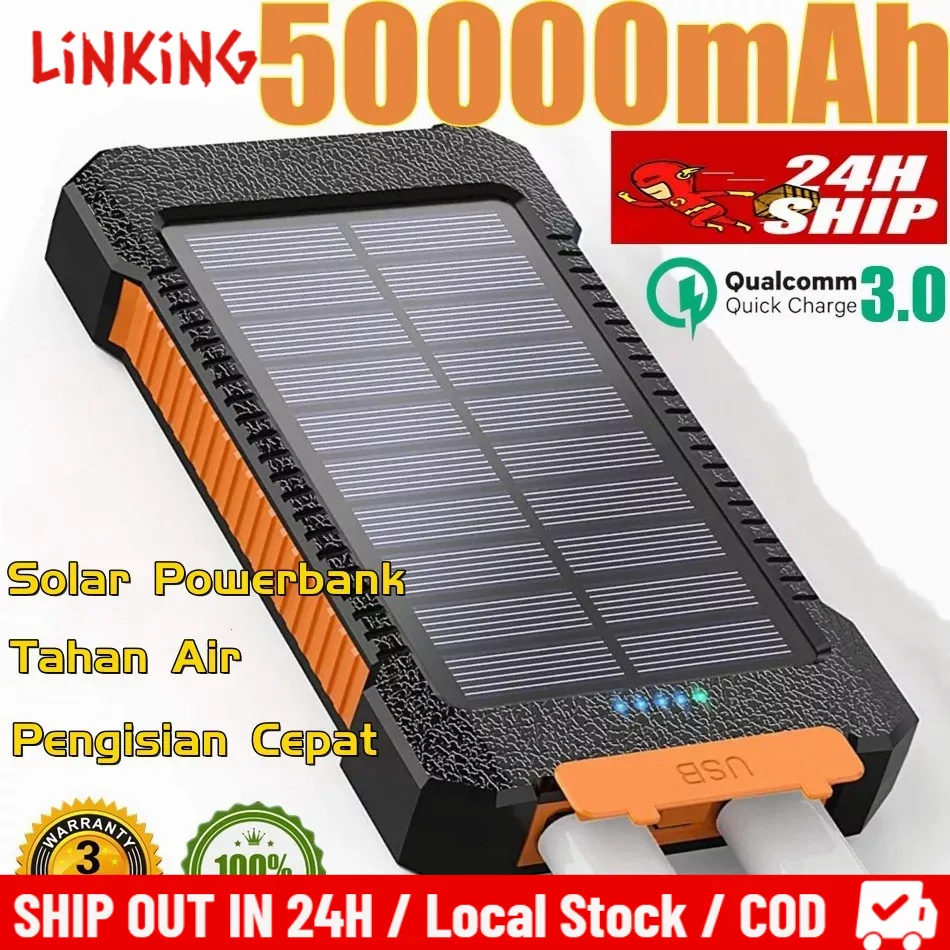 <COD>Powerbank Solar 50000 mAh Tenaga Surya Dual USB Portabel Berkapasitas Besar Flashlight Daya Ponsel