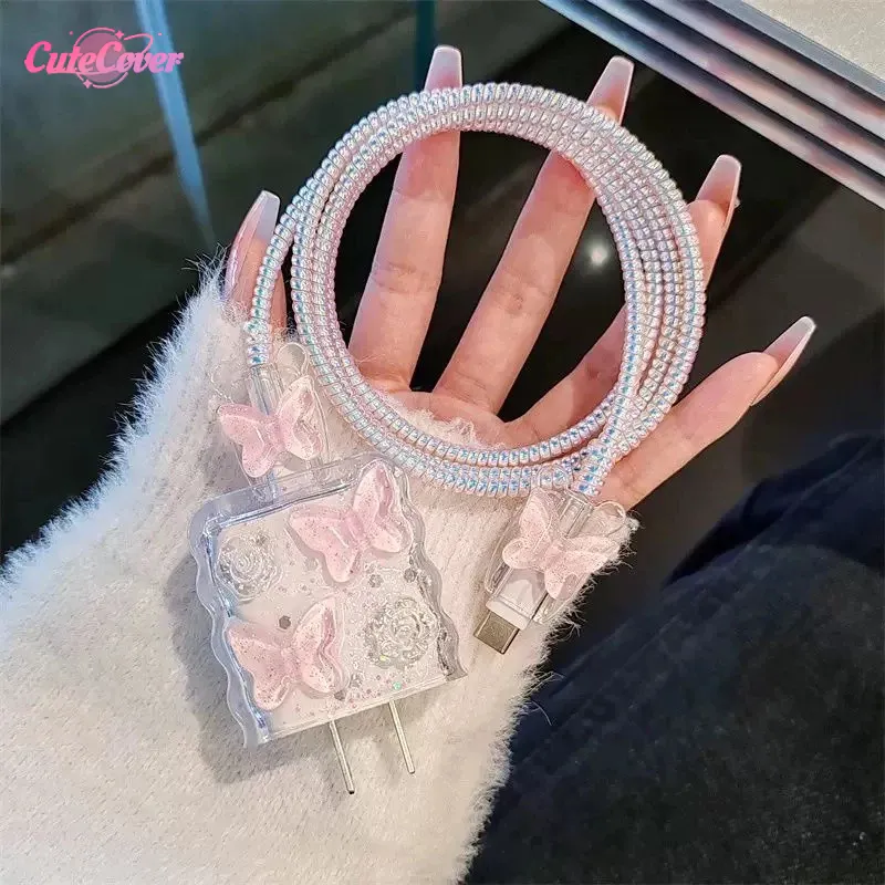 CuteCover Pelindung Kabel Charger Iphone 18w 20w Kupu-kupu Bunga Transparan TPU Dropping Glue Data Cable Charger Protective Cover Cover Charger iphone