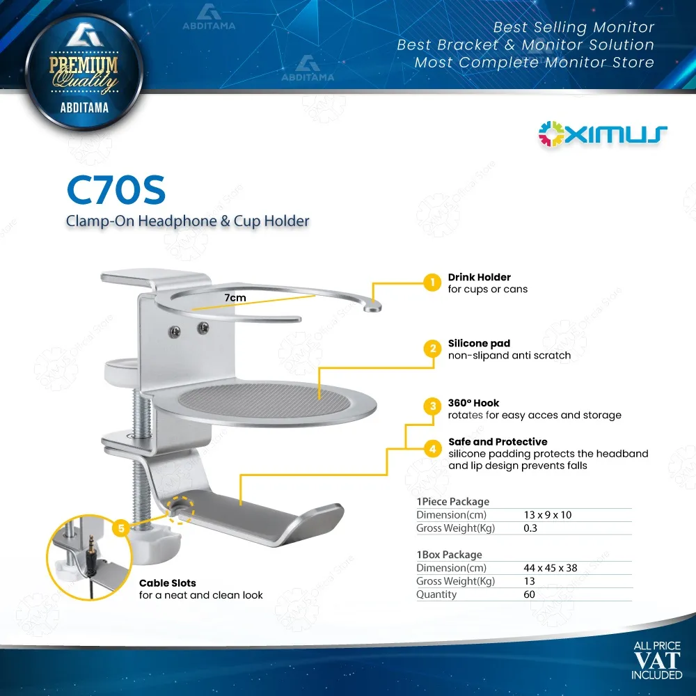 OXIMUS C70S Headphone Hanger Glass Cup Holder Desk Mount Clamp Jepit Organizer Setup