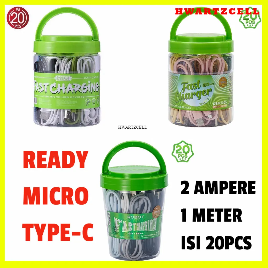 [HWARTZ] Kabel Data ROBOT (Harga per Toples isi 20pcs) ORIGINAL RBM100S MICRO USB / RBC100S TYPE-C Fast Charging 2.4A