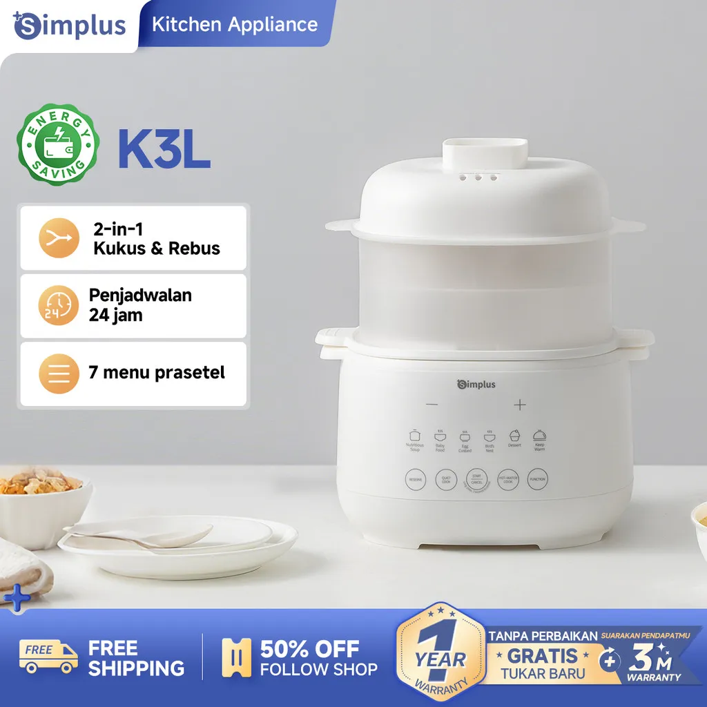 Simplus Slow Cooker Listrik 1L Panci Rebus dan Kukusan dengan Menu Preset Cerdas Mpasi Rice Cooker