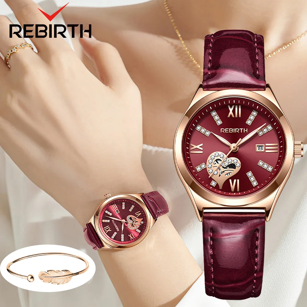 REBIRTH Jam Tangan Wanita Berlian Anti Air Original Mewah Anggun Calendar Tali Kulit Kuarsa Jam Tangan Cewek