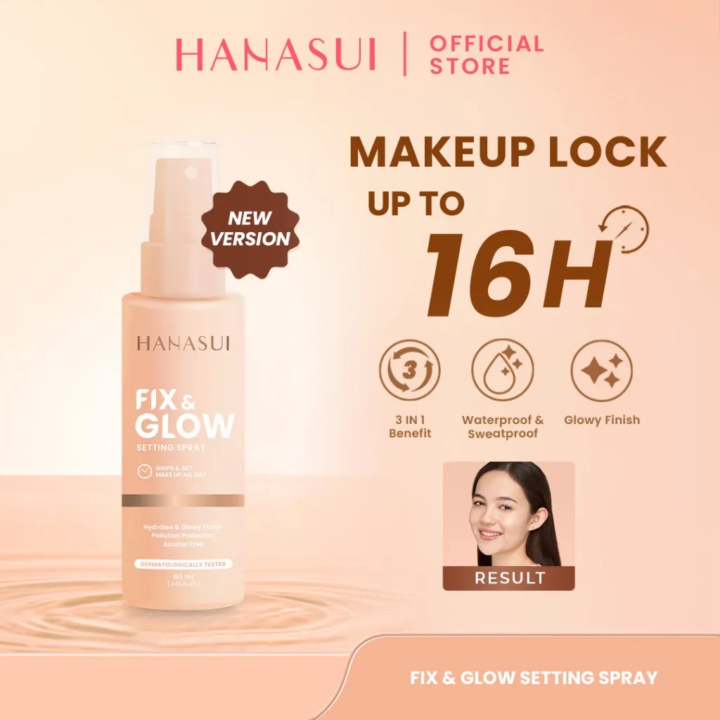 Hanasui Fix & Glow Setting Spray - Setting Spray Glowy Finish Make Up Menghidrasi Kulit MaskProof Tahan Lama
