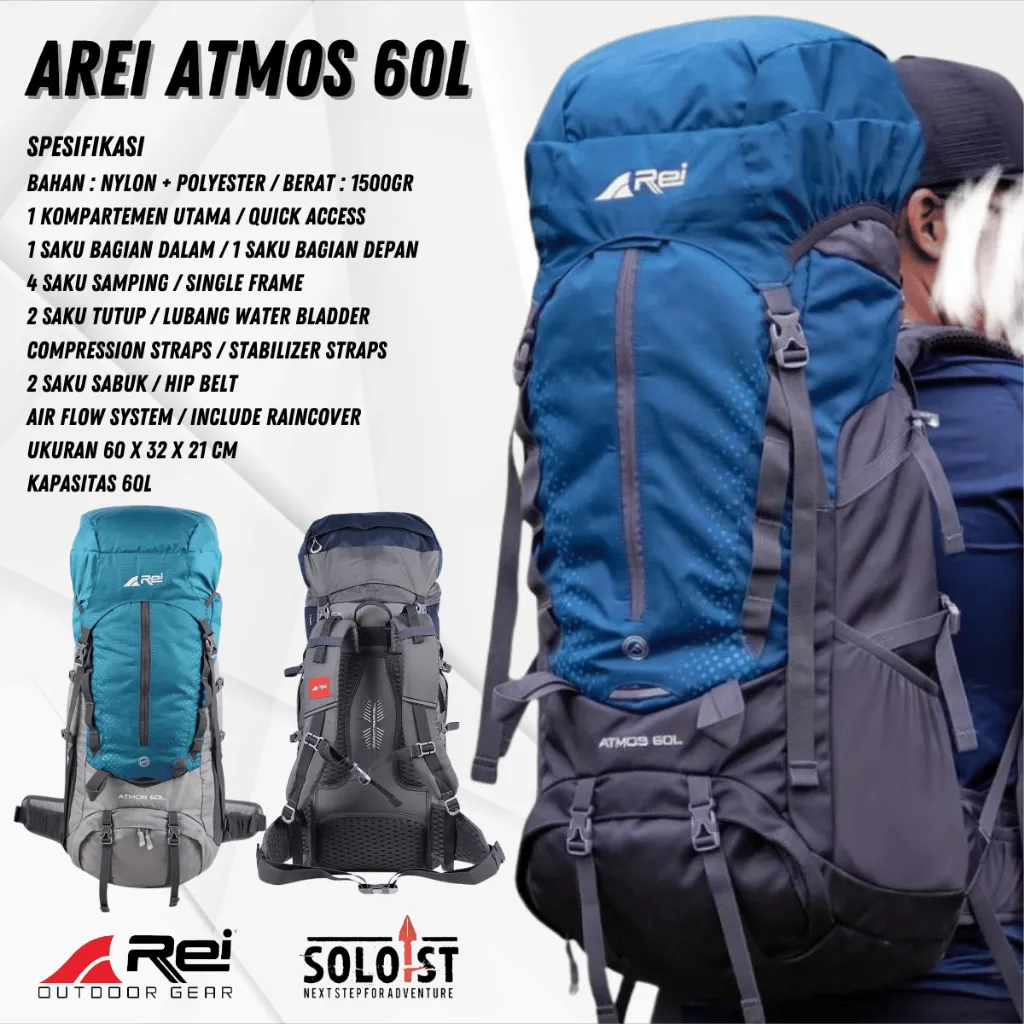 Tas Gunung Arei Atmos 60L / Carrier Seven Summits Kapasitas 60L / Keril Gunung Kapasitas 60L / Tas Ransel Gunung / Tas Ransel Pantai / Tas Camping dan hiking / Carrier Arei Atmos 60L