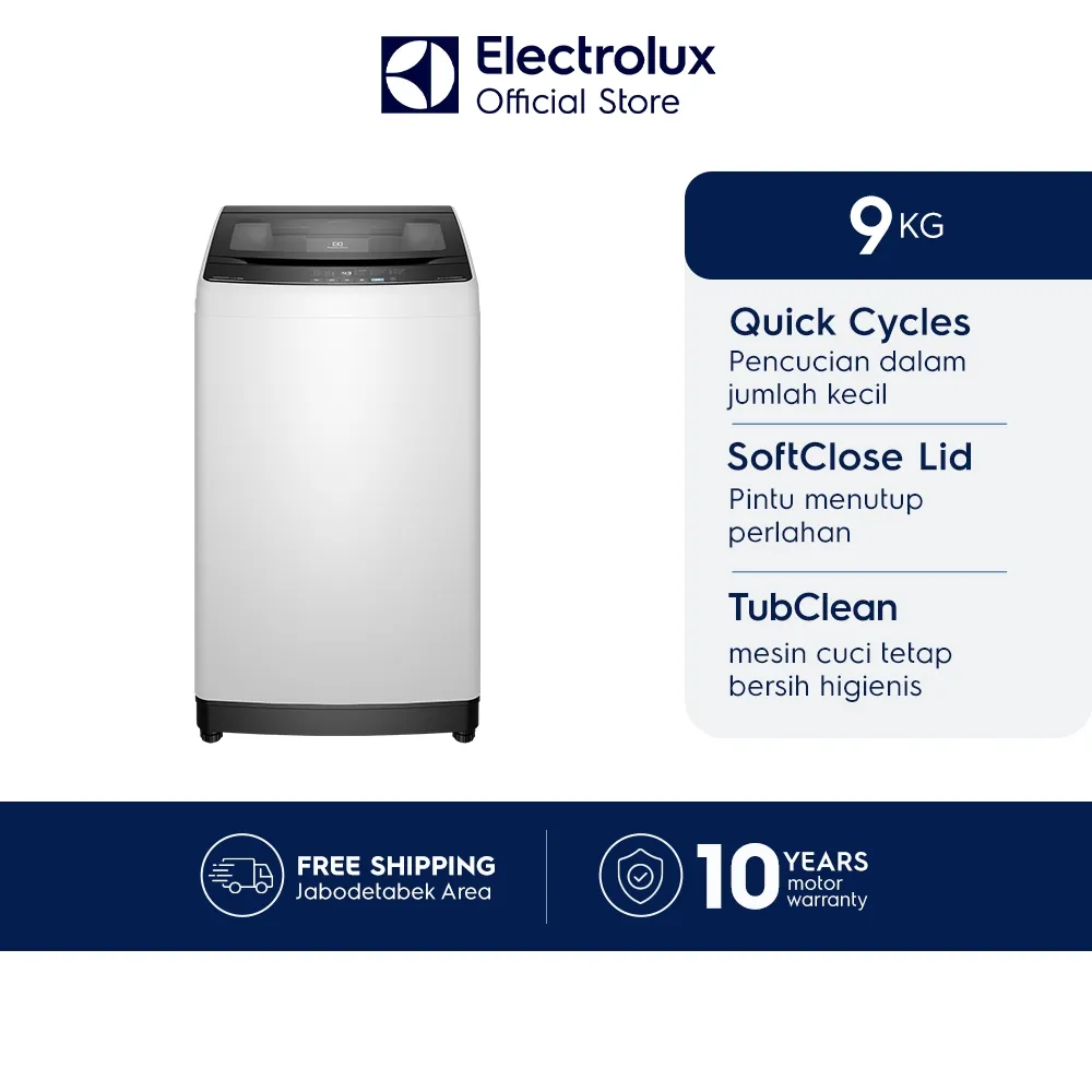 Electrolux Mesin Cuci Top Loading  9kg - Tub Clean - Mengurangi Kusutan - Cuci Cepat 20 Menit - Garansi  10 Tahun Motor - EWT9078K6WA