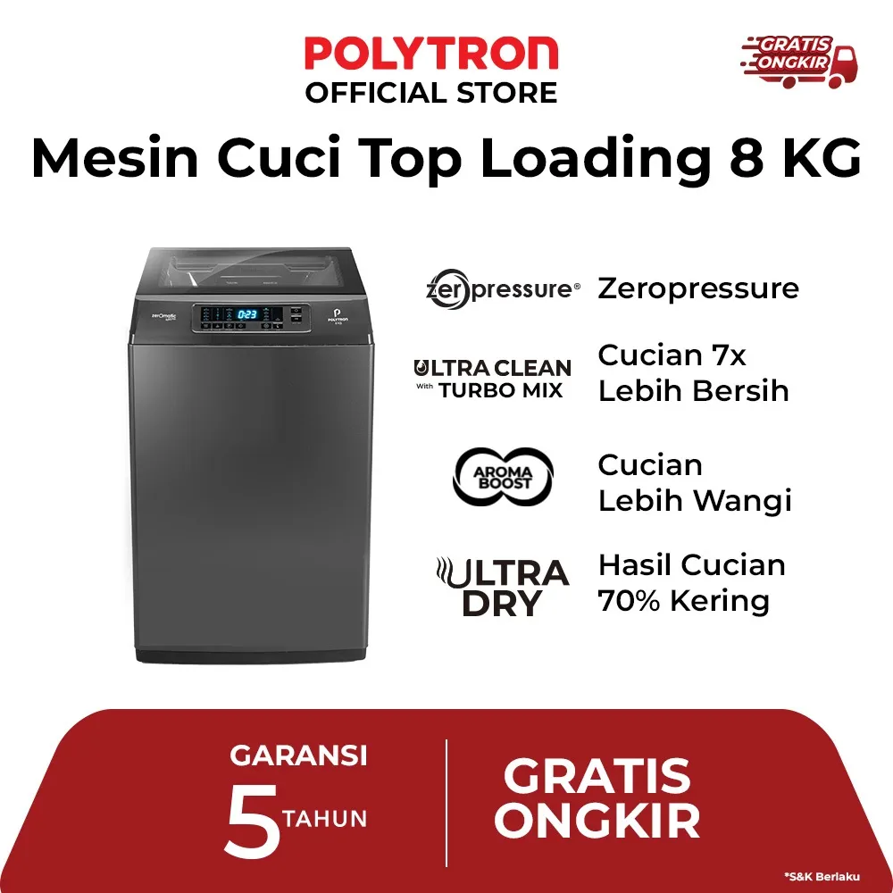 POLYTRON Mesin Cuci 1 Tabung Zeromatic Laguna series  Hijab 8 KG - PAW 8028Y