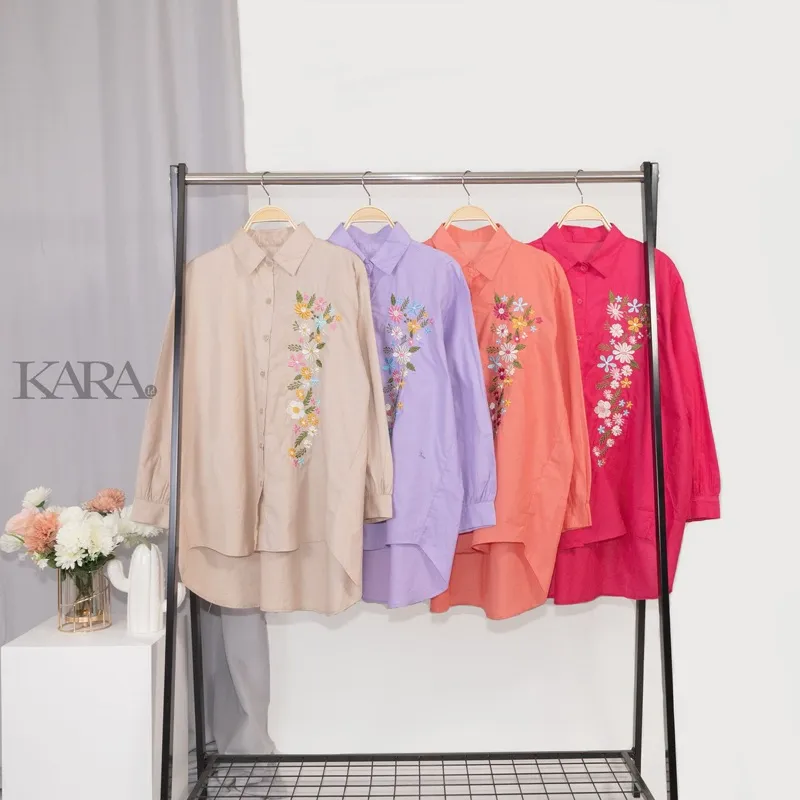 KARA.ID PRISIA Shirt Bordir Atasan Kemeja Wanita - Kemeja Casual Wanita Kemeja Basic Lengan Panjang