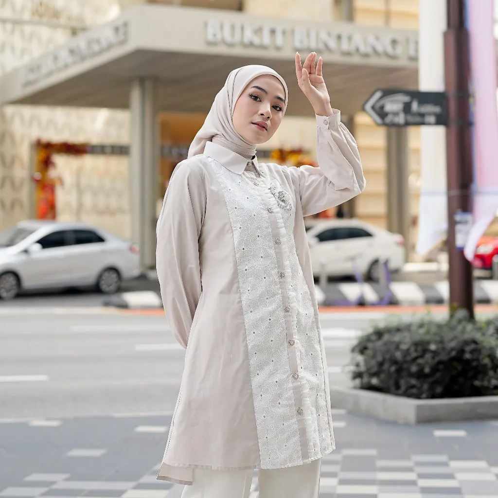 Nibras Hijab x Kalasiris Atasan Tunik Blouse Wanita Lengan Panjang Katun Bordir - Noura Tunic