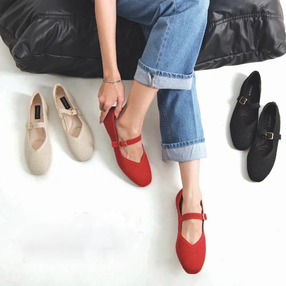 INPACA Maia Ballerina Knit Flatshoes Square Toe Mary Jane