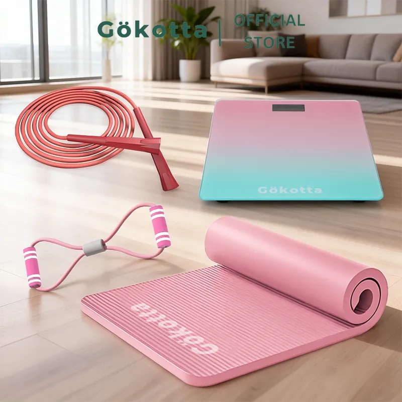 GOKOTTA Paket Alat Olahraga 4 in 1 – Matras Yoga + Tali Skipping + Resistance Band + Timbangan Digital