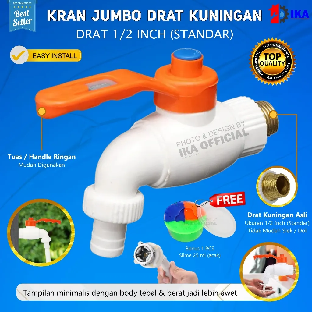 Keran Air Tembok Taman 1/2 /  PVC Kran Plastik Jumbo 1/2" Engkol Drat Kuningan Tuas Besi / Keran Air Plastik Taman Drat Kuningan Kran Tembok Mesin Cuci 1/2 Inch Warna Warni /Kran Air Tembok dan Taman - 1/2 Inch - High Quality