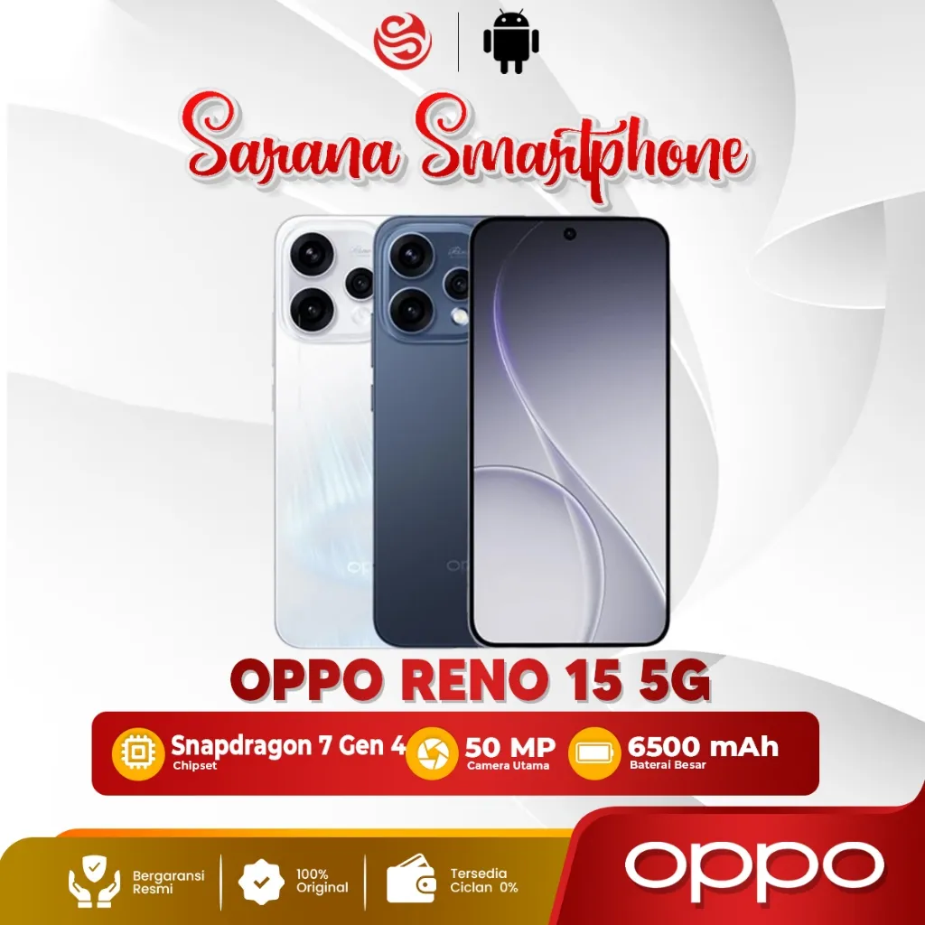 OPPO Reno 15 5G 8/256GB 12/256GB Smartphone Original Snapdragon 7 Gen 4 6500mAh 80W Garansi Resmi