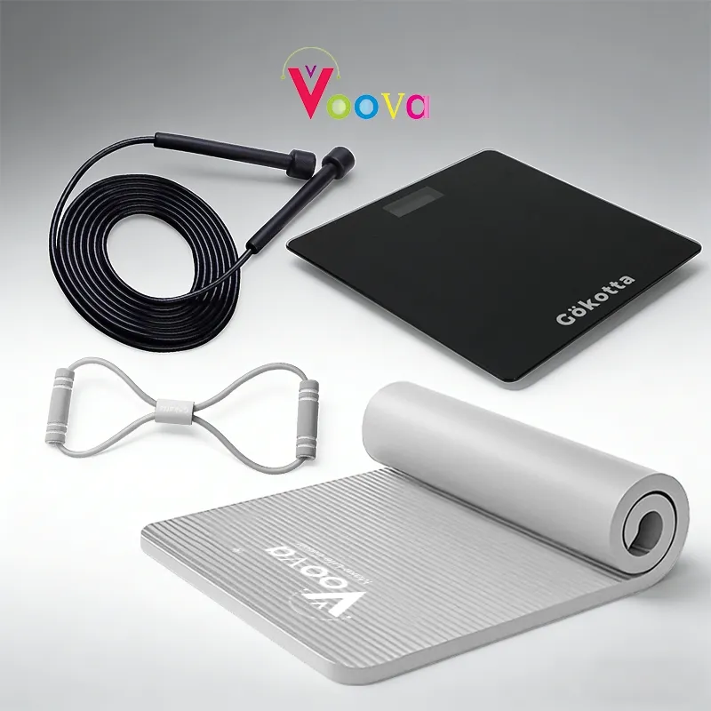 VOOVA Paket Alat Olahraga Lengkap 4 in 1 – Matras Yoga, Skipping Rope, Tali Yoga & Timbangan Digital