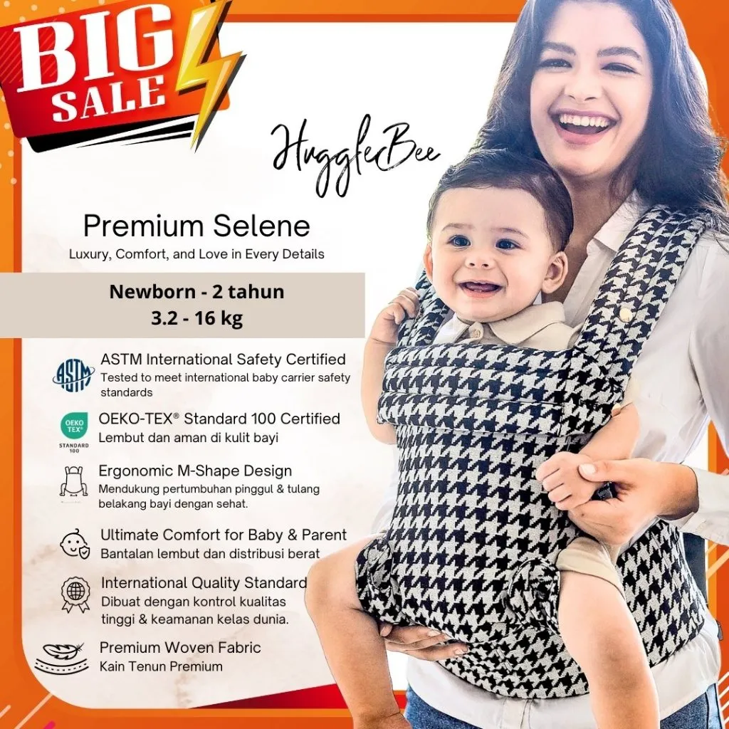 HuggleBee Selene M Shape Hadap Depan Dalam Belakang SSC - Newborn 0 – 36 bulan - Gendongan Bayi Baby Carrier M-Shape SSC