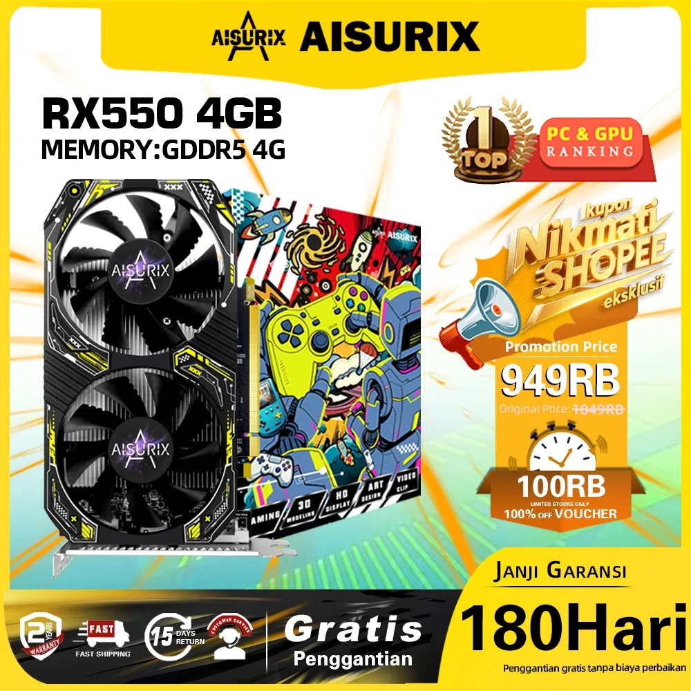 AISURIX AMD RX 550 4GB DDR5 128Bit Graphics Card Dual Fans GPU Radeon RX550 4G D5 VGA Card COD