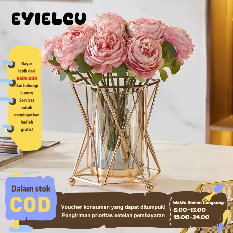 Eyre Best Vas Besar kaca hidroponik kreatif palsu rangkaian bunga kering cahaya ornamen mewah ruang tamu meja makan meja kopi dekorasi bunga kelas atasHydroponic glass vase flower arrangements light luxury ornaments living room dining