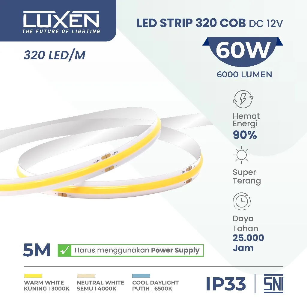 LUXEN LED STRIP COB 320 LED/METER Cahaya Putih, Kuning, dan Neutral White - 5 Meter - Arus DC - 12 Volt