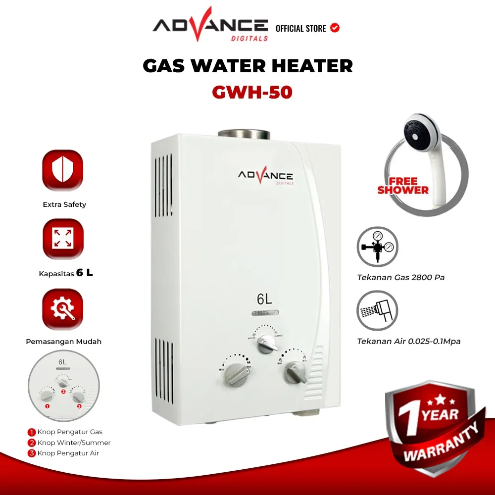 Advance GWH50 Gas Water Heater Pemanas Air Kamar Mandi Gas Bonus Selang Dan Shower
