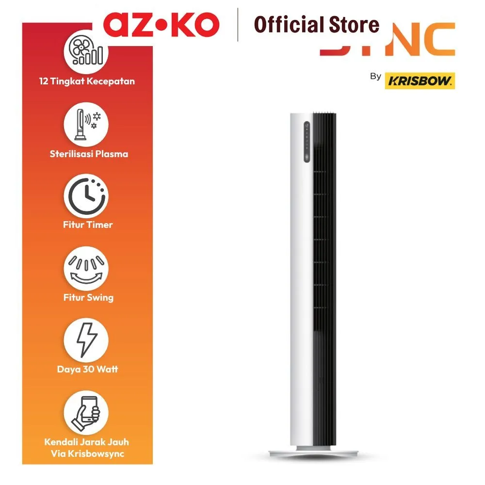 AZKO Krisbow Sync Smart Kipas Angin Berdiri Wifi Dc Motor - Putih/Hitam Floor Standing Tower Fan Pendingin Ruangan Penyejuk Rumah Slim Cooler Vertical Airflow