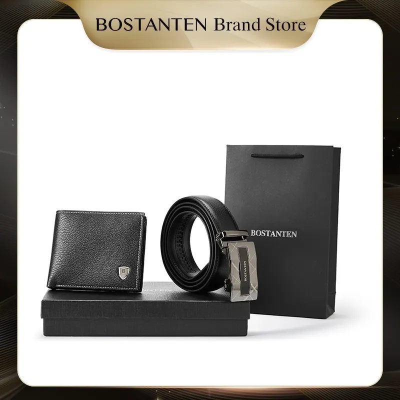 BOSTANTEN Set Kombinasi Dompet PU Dan Sabuk Kulit Sapi Pria (Kotak+Tas Kado)