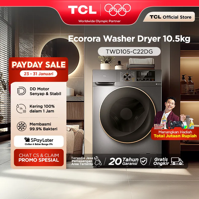 TCL Mesin Cuci Front Loading Washer Dryer 10.5 kg - 100% Kering - Bakteri Hilang 99% - 16 Mode Cuci - Drum Clean - Pengering Bukaan Depan (Model: Ecorora TWD105-C22DG)