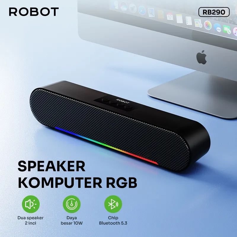 ROBOT Speaker Komputer Bluetooth Mini Desk Speaker Pemutaran 5 Jam Suara Bass Jernih Efek Cahaya RGB Dua Speaker Daya 10W Bluetooth Chip 5.3 Orginal - RB290