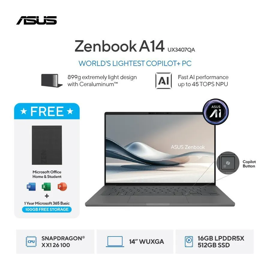 [FREE MOUSE] ASUS Zenbook A14 UX3407QA-IPSP152M - Iceland Gray [Snapdragon X  X1 26 100 / Qualcomm Adreno GPU / 16GB / 512 GB / 14inch / WIN11 / OHS / M365]