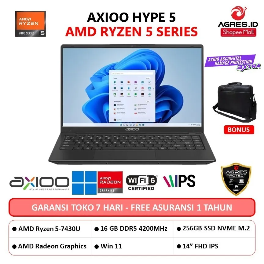 LAPTOP AXIOO HYPE 5 AMD X5/X6/X5-2 RYZEN 5 7430 16GB 256GB W11 14.0FHD IPS BLIT