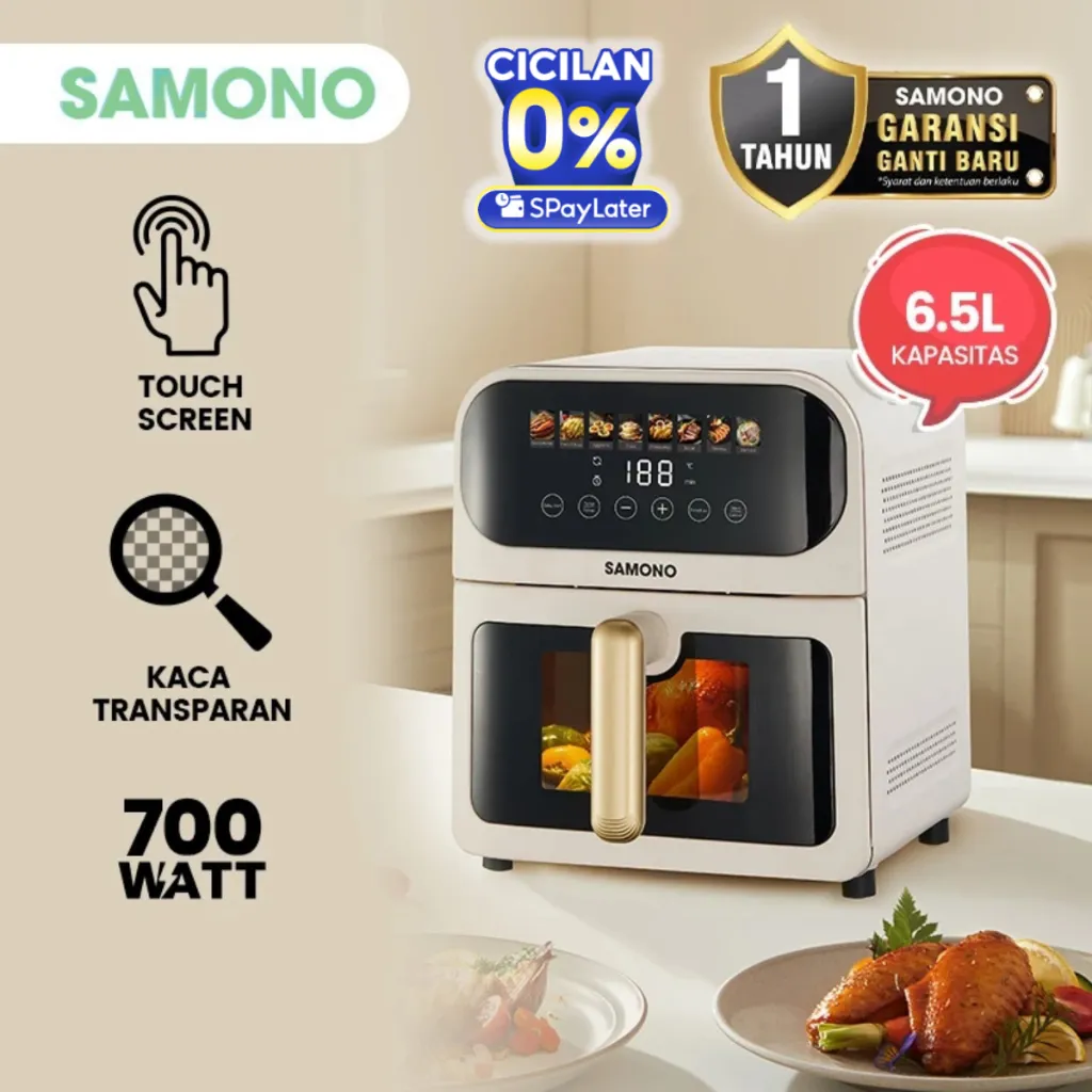 SAMONO Air Fryer Oven Touch Screen 6,5 Liter Low Watt Body Metal Dengan Kaca Garansi 1 Tahun SW-AFW65