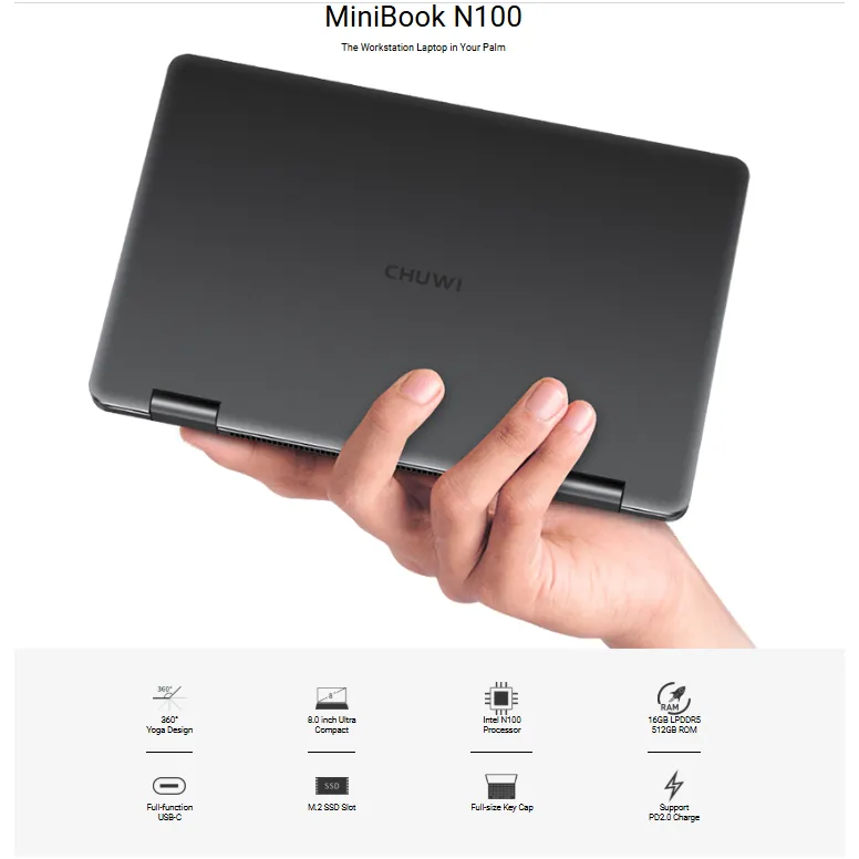 Chuwi MiniBook 2025 Intel N150 16/512GB SSD NVMe WiFi6 8" UltraMini Yoga Laptop Windows 11