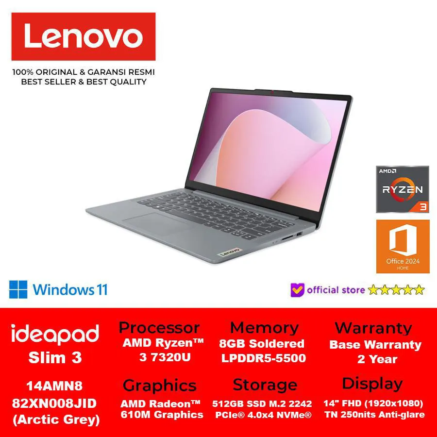 LENOVO IdeaPad Slim 3 14AMN8 82XN008JID Ryzen 3 7320U 8GB 512GB W11 OHS Arctic Grey